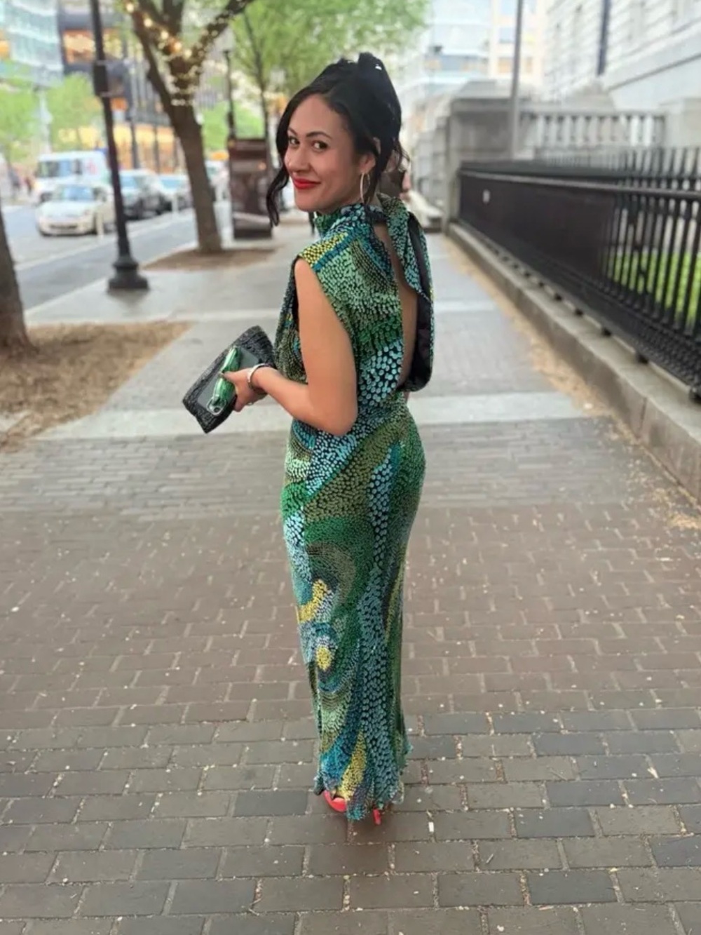 SALONI Fleur Dot Print Dress Sleeveless High-Neck Green Patterned Maxi US 12 - Picture 8 of 17